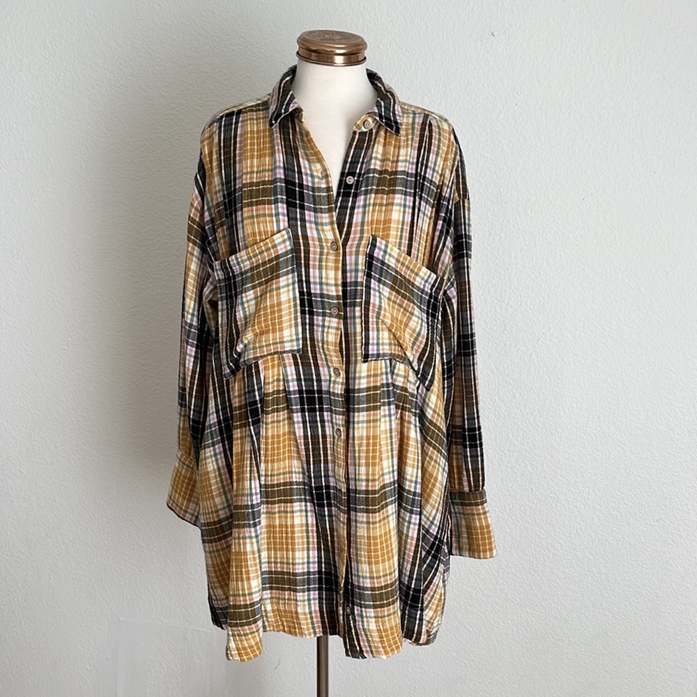Free People (VGUC) Yellow Oversized Plaid Gauze Voyager Shirt Dress Tunic